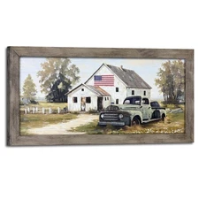 Farmhouse Framed Wall Art Decor: Rustic Country Scene Wood Picture Barn with ...