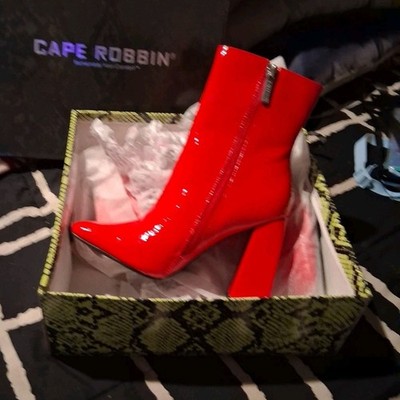 Cape Robbin Red Patent Ankle Bootie Pointed Toe Block Heel Zip Women's Boots