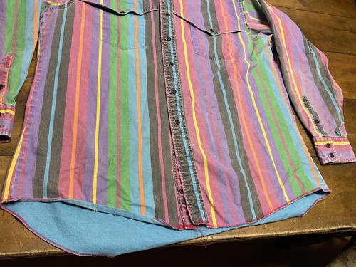 VINTAGE Wrangler Brushpopper Western Shirt X-Long Tails Striped Men 17 1/2-35 - Picture 2 of 13