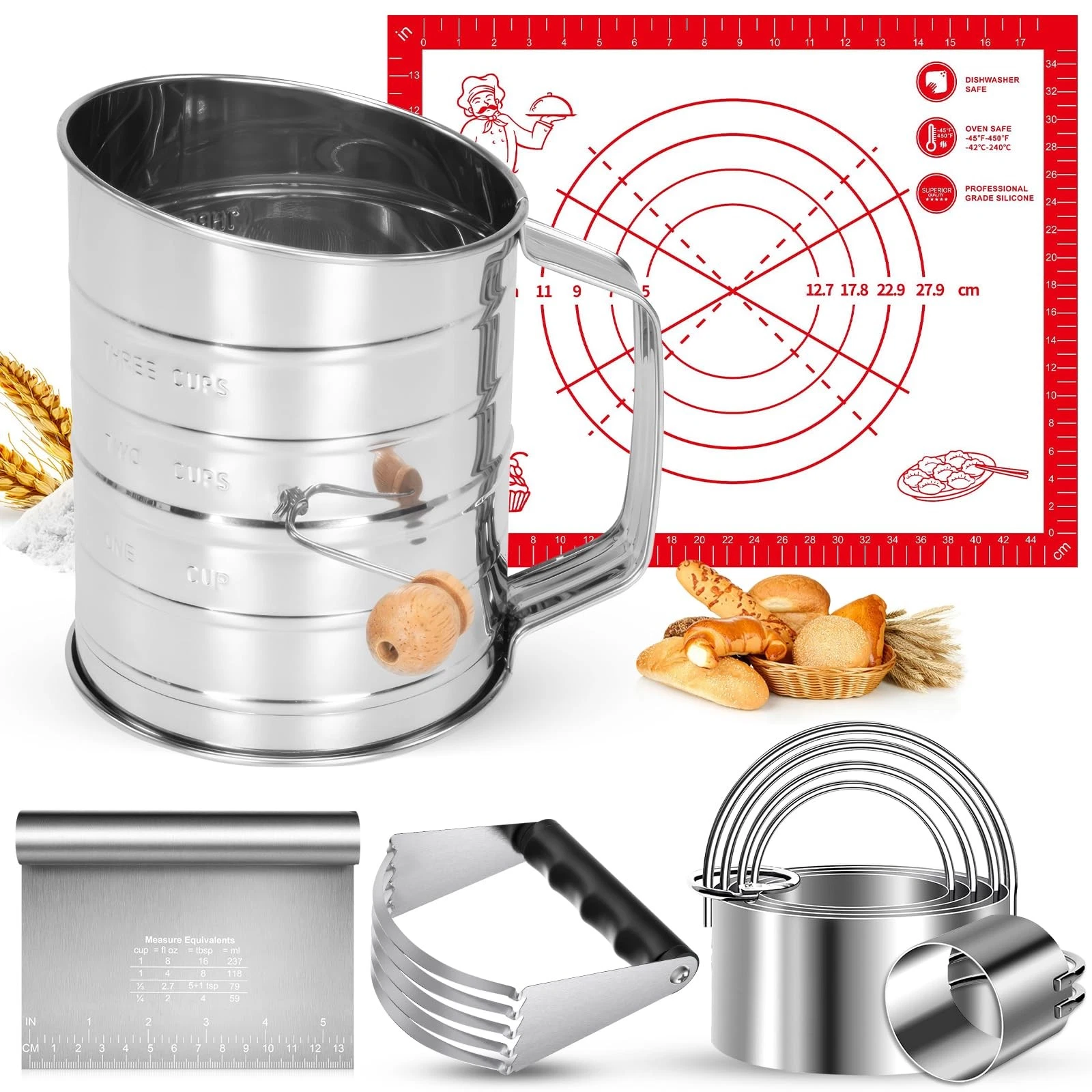 9PCS Stainless Steel Pastry Blender Set, 3 Cup Flour Sifter, Biscuit Cutter, ...