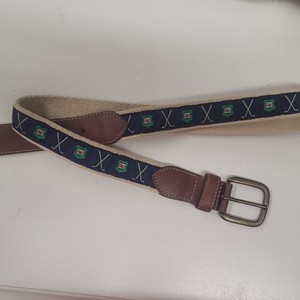 Mens Golf Ribbon Belt Tan Canvas Navy Blue Embroidered Clubs Crest Leather Trim