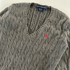 Ralph Lauren Sport Sweater Womens Small Gray Preppy Cable Knit V Neck Pony