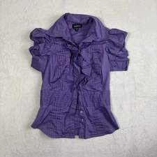 Y2K Bebe Purple Ruffle Cap Sleeve Button Up Collared Blouse Women's XS
