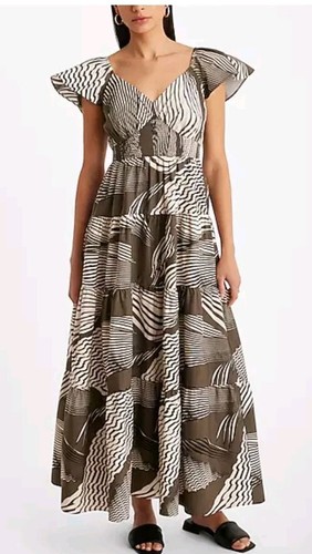 EXPRESS V-Neck Flutter Sleeve Tiered Poplin XL Maxi Dress Green White NWT #C