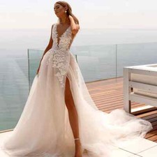 Elegant A-Line Wedding Dresses Deep V-Neck High Split Lace Applique Bridal Gowns
