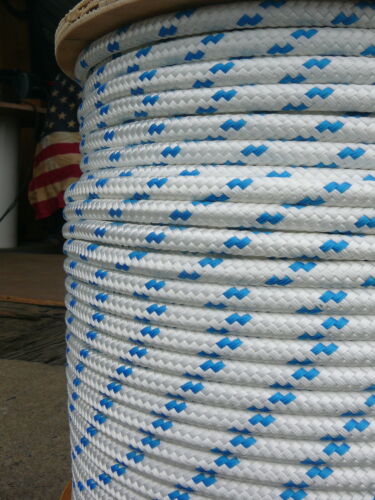 Sailboat Rigging Rope 3/8" x 100' White/Blue Double Braided Sheet Halyard Line - Picture 2 of 3