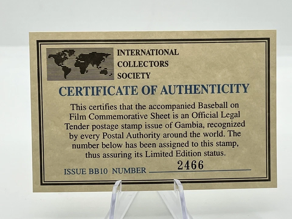 Estampilla de recuerdo de coleccionistas de Gambia de béisbol en película #1350 certificado de autenticidad Foto 3 de 3