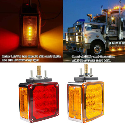 2Pcs Amber+Red Square 60LED Double Face Stud Mount Cab Fender Turn Signal Lights