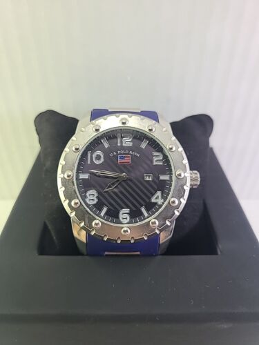 Mens U.S. Polo Association 50mm Blue Silver Date Watch Rotatable Bezel Silicone