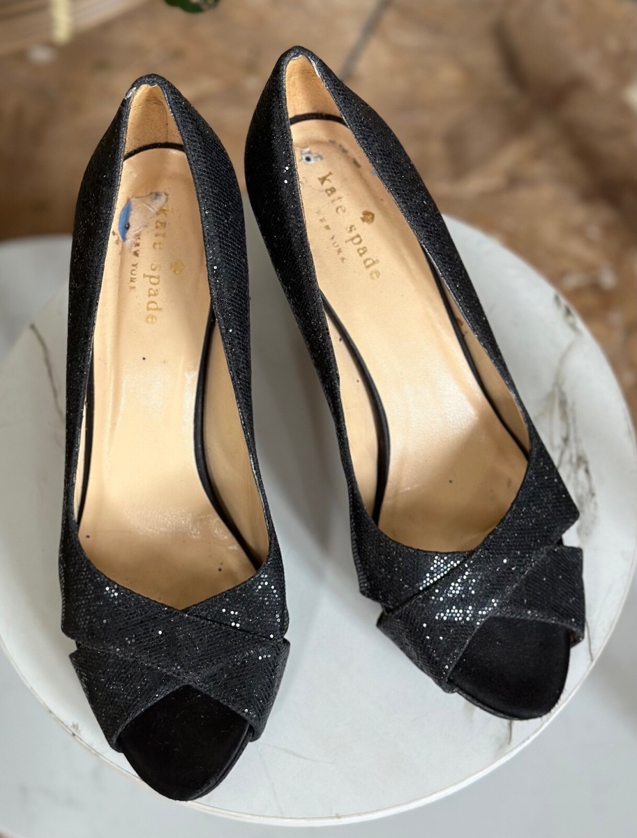 Open Toe Black Glitter Stilettos Kate Spade Billie Sz Open Peep