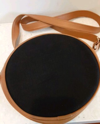 Azowa Round Drum Purse Handbag Tan Faux Leather And Brown Fabric 9'' Diameter