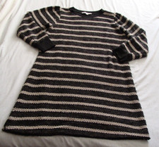 ANN TAYLOR LOFT Charcoal & Cream STRIPE Long Sleeve SWEATER Knit DRESS Sz LARGE