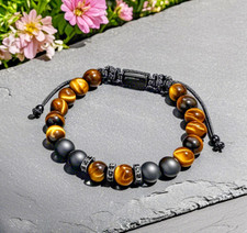 Tiger's Eye Black Tourmaline Crystal Gemstone Bead Braided Bracelet Gift for Men