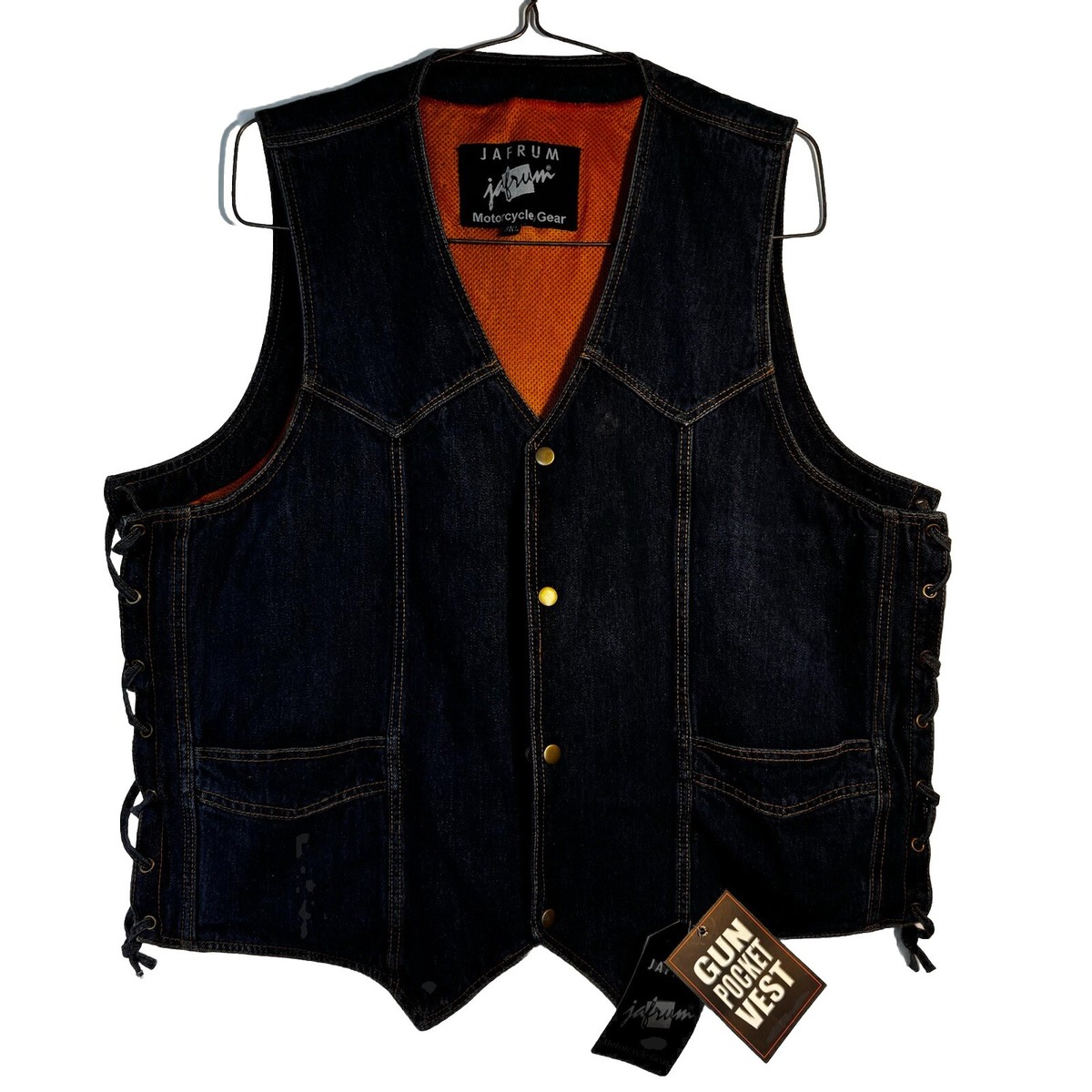 Jafrum Motorcycle Gear Denim Vest Men’s 3XL Conceal Gun Pocket New Side  Laces