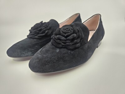 TARYN ROSE Brooke Sz Black Suede Leather Flower Flats Shoes