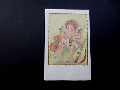 Unused Victorian Xmas Greeting Card Sweet Angel Playing the Horn, Multi Talented