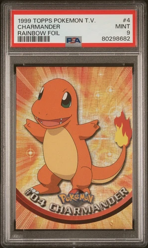 1999 TOPPS POKEMON TV 4 CHARMANDER EMBOSS RAINBOW FOIL PSA 9 BLACK LOGO LOW POP
