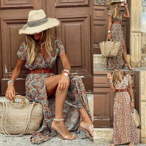 Women short sleeve V-Neck Wrap Floral Maxi Dress Ladies Summer Beach Sundress - Picture 1 of 12