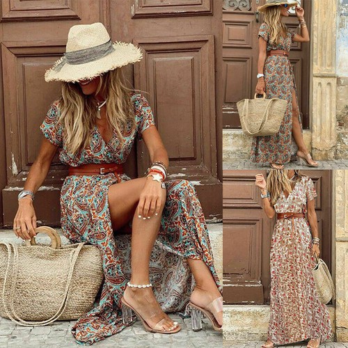 Women short sleeve V-Neck Wrap Floral Maxi Dress Ladies Summer Beach Sundress - Afbeelding 1 van 10