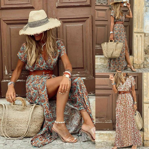  Ladies Summer Beach Sundress Women short sleeve V-Neck Wrap Floral Maxi Dress - Bild 2 von 14