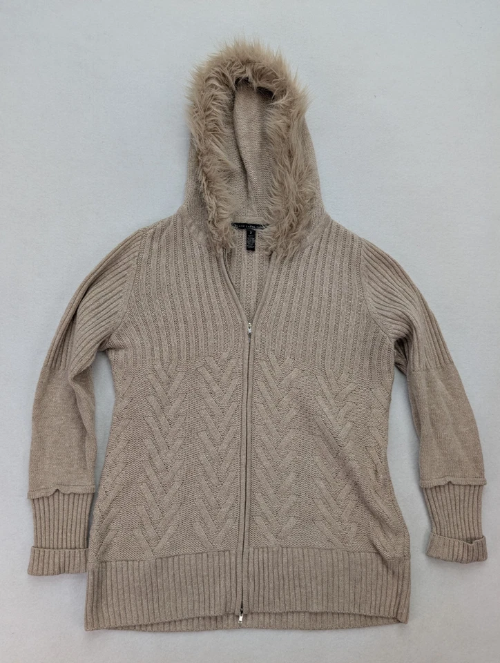 Black Label by Chico's Women's Cardigan Sweater Size 2 Beige Full Zip Hood - Image 2 of 4