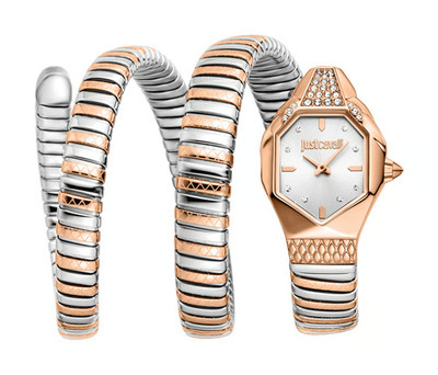 £379 JUST CAVALLI Doppio Glam RoseGold & Silver Tone Diamante Snake Quartz Watch