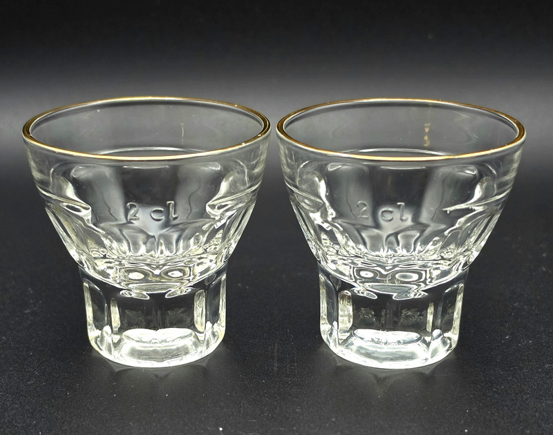 2 Vintage RUHRGLAS Retro Deco-Inspired Gold-Rimmed Shot glasses c.1950-70 "2 cl"