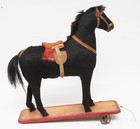 Antique Mohair Pull Toy Horse, Metal Wheels, Wood Base, Horse Hair Tail — photo 2