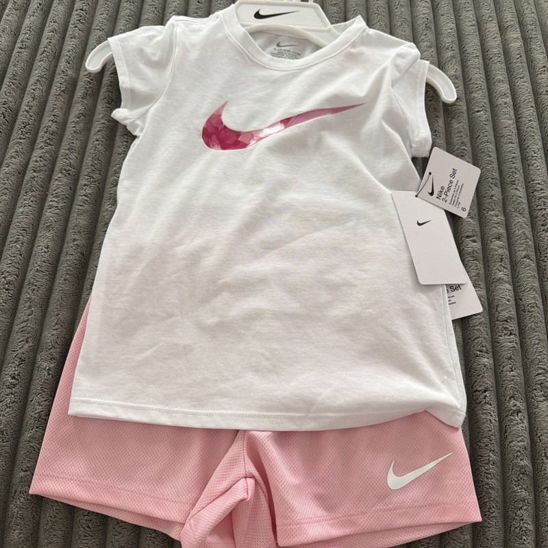 NWT Nike Girls Size 6 Pink 2-Piece Set White Tee With Pink Elastic Shorts