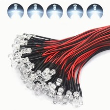 100x White Led Single Bulb Small Light Wire 5v-12v Dc 3mm Bright Round Top Clear