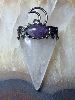 Clear Quartz Crescent Moon Pendant with Amethyst Crystal