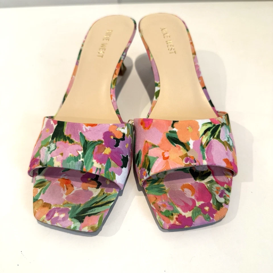 Nine West Kitten Heels Luvlie Slide Slip On Sandal Pink Floral Square Toe 9M - Image 2 of 4