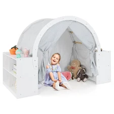 Indoor Playhouse w/ Storage Wooden Kids Play Tent w/ Curtain Shades & 8 Cubbies