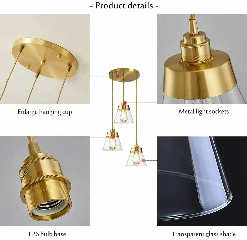 3-Light Clear Glass Chandelier Modern Gold Pendant Lamp Lighting Ceiling Fixture