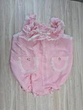 Vintage Baby Girl Pink White Dot Lace Trim Bubble Romper Sunsuit 9-12 months