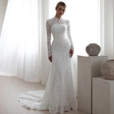 Long Sleeves Wedding Dress High Neck Court Train Mermaid Lace Bridal Gowns