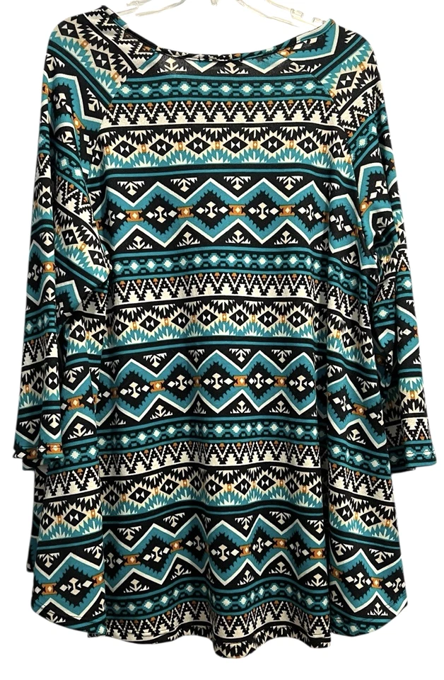 Top Kim Cami Talla 2X Turquesa Naranja Estampado Azteca Cuello Barco Manga 3/4 Túnica Foto 2 de 4