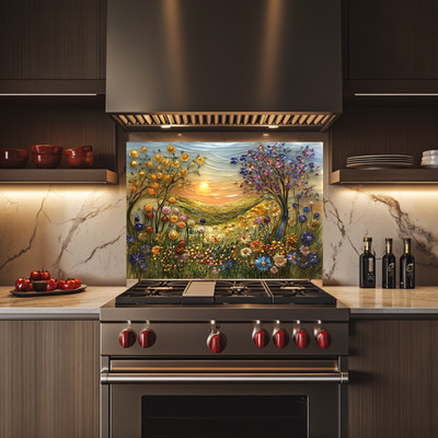 Glass Backsplash Wildflowers Backsplash Tile for Stove Behind and Wall Art