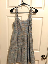 Women's Blue/White Plaid Smocked Fit & Flare Short Dress Square Neck M
