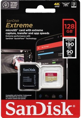 Sandisk Micro SDXC Karte 128GB Extreme UHS-I U3 4K 190 MB/s V30 A2 Class 10