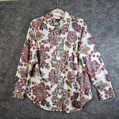 Talbots Top Womens 1X Purple Green Paisley Colorful Statement Button Up New