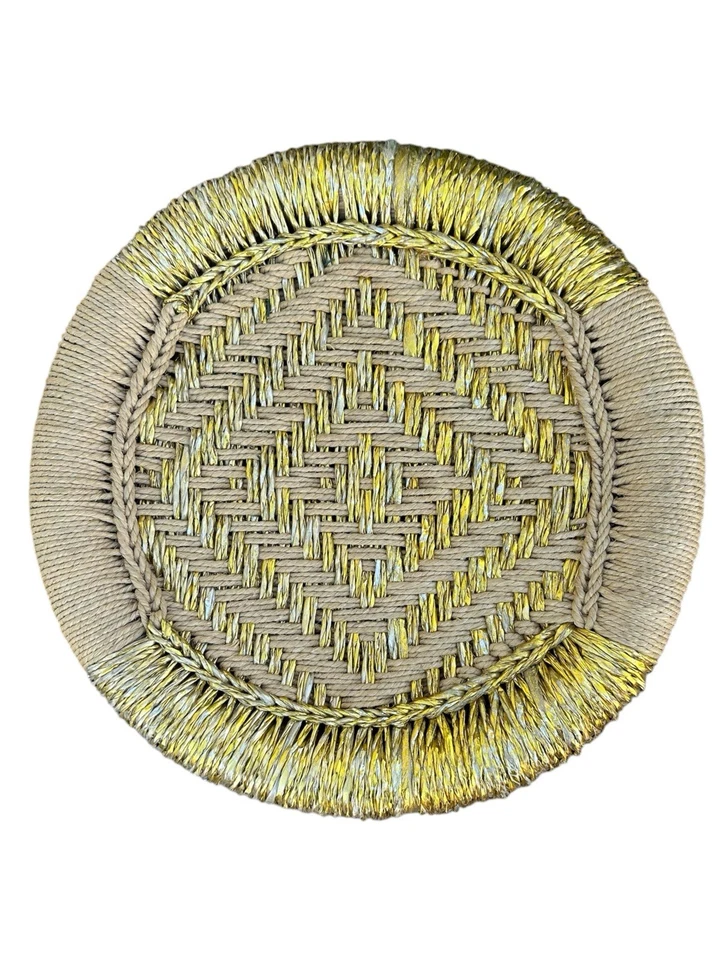 Vintage Gold Embellished Jute & Pencil Reed Stool or Side Drinks Table - Image 2 of 4