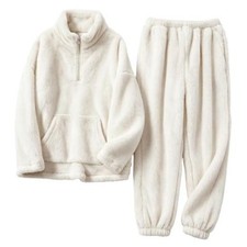 Womens Fluffy Pajamas Set Warm Fleece Pjs Half Zip Pullover Pants Medium Beige