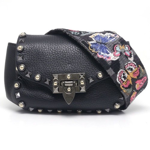 Valentino Garavani Body Bag Studded Embroidery Butterfly Leather Black Women's U