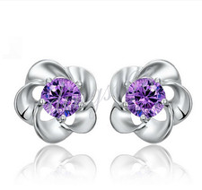 Designer Inspired 925 Sterling Silver Rose Purple Crystal Stud Earrings C1140