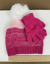 Girls Knit Beanie Hat Cap With Gloves Winter Warm Hat with Faux Fur Pom