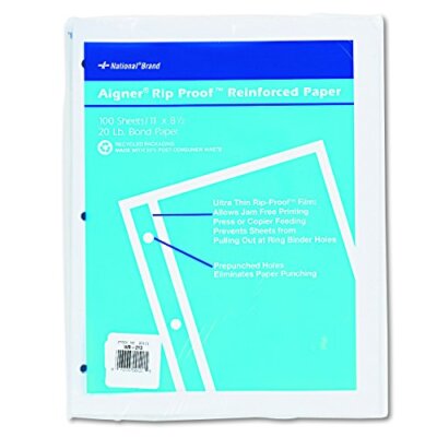 National Rip Proof Reinforced Filler Paper 3-Hole 8.5 X 11 Unruled 100/packWhite