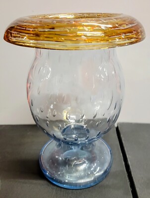 H.C. Fry Gold Threaded Blue Art Glass Controlled Bubble Footed Vase GORGEOUS