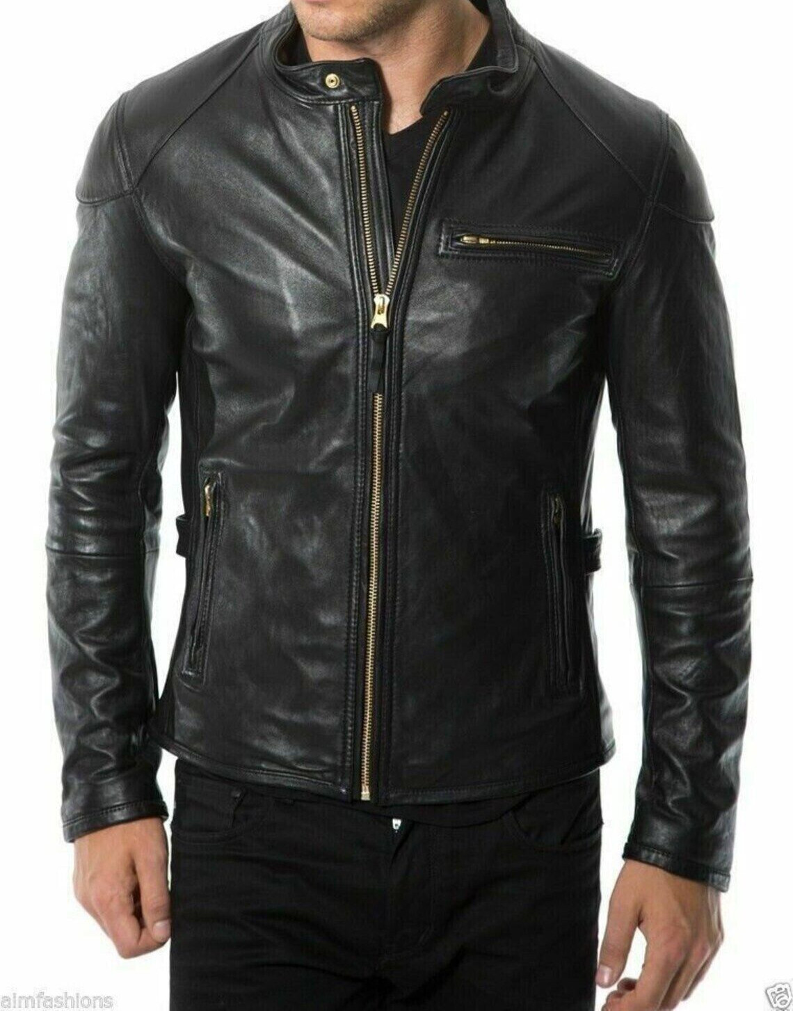Nueva Chaqueta de Cuero Para Hombre Calce Ajustado Motociclista Moda Cremallera Dorada Chaqueta de Cuero Real