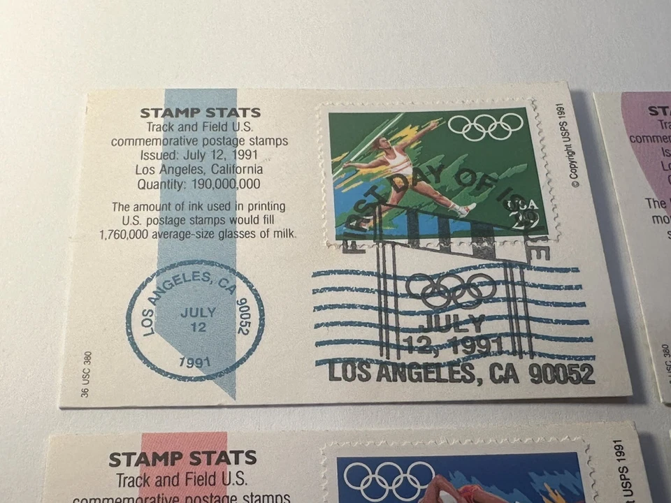 Set of (5) USPS First Day Issue July 12, 1991 Olympics Sports Stamp Stats Cards - Image 3 of 4